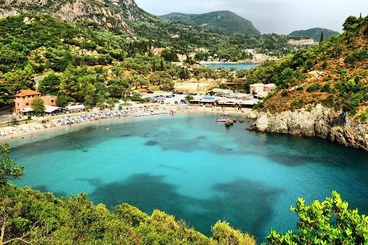 Scenic view of a beautiful beach in Paleokastritsa with clear turquoise water